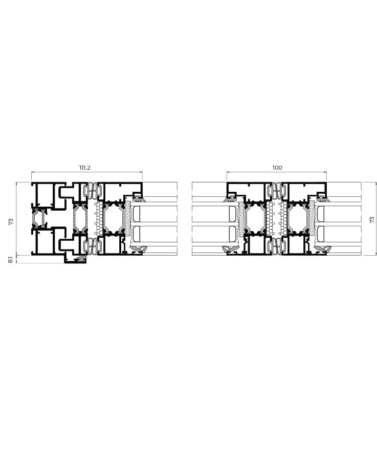 A dimensioned cross-section diagram of an aluminium bi-fold door frame