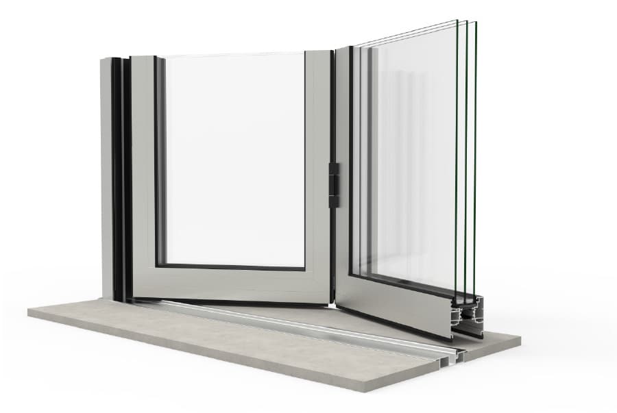 Cross-section of a Cortizo aluminium bi-fold door corner joint, showing the frame profile