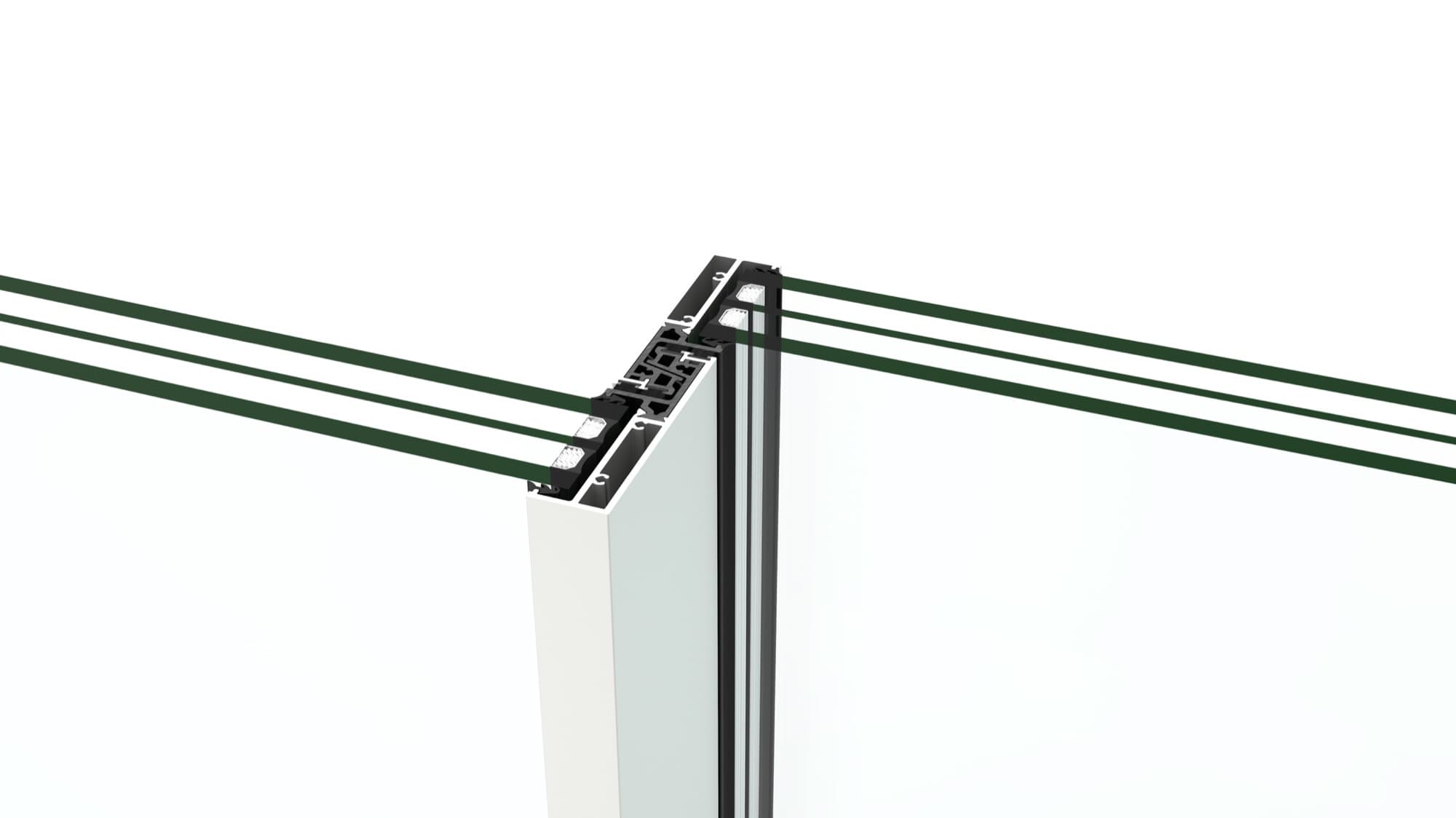 Close-up of the central node where two Cortizo Core Vision Evolution sliding panels meet