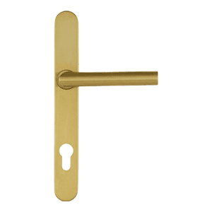 Composite door lever handle in a satin brass finish