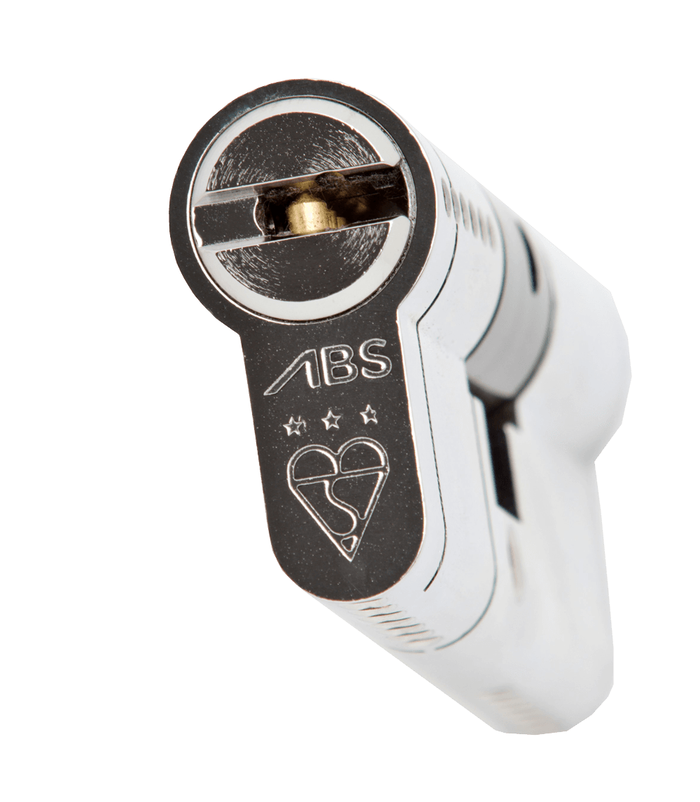 An ABS high-security euro cylinder lock, stamped with three anti-snap kitemark stars and a Sold Secure Diamond mark
