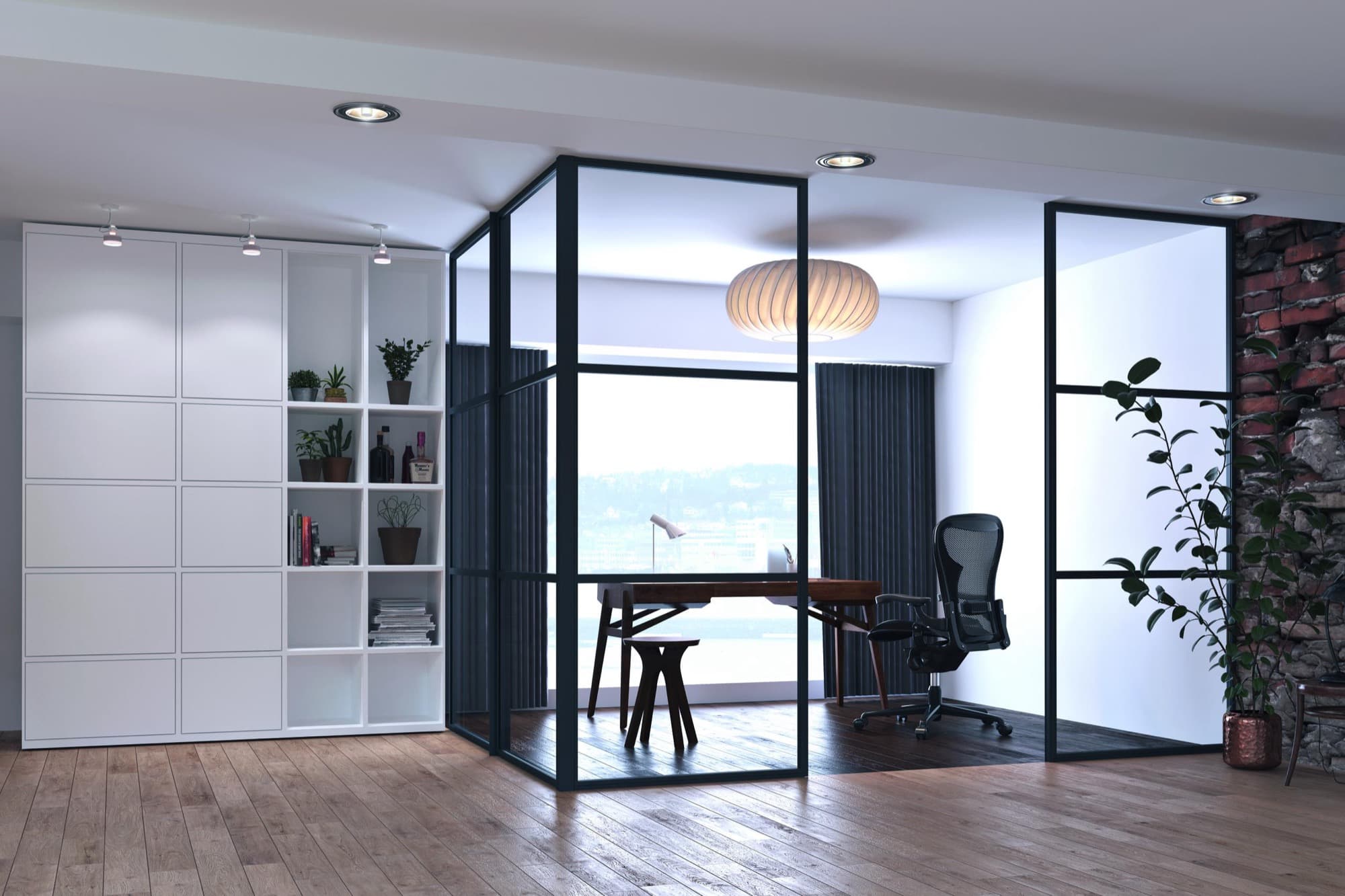 A black steel-look AluSpace partition separating a home office