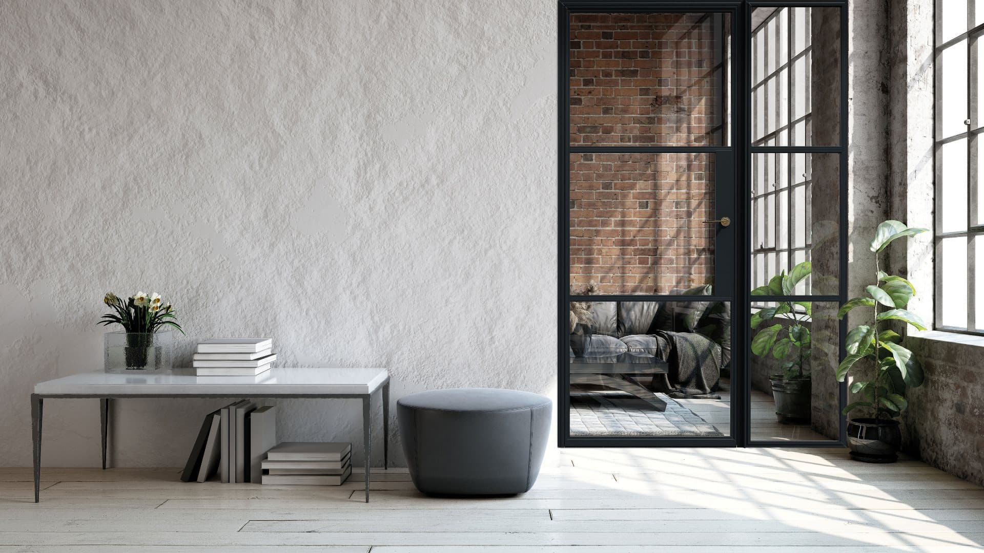 A contemporary black-framed tilt and turn window in a loft living room