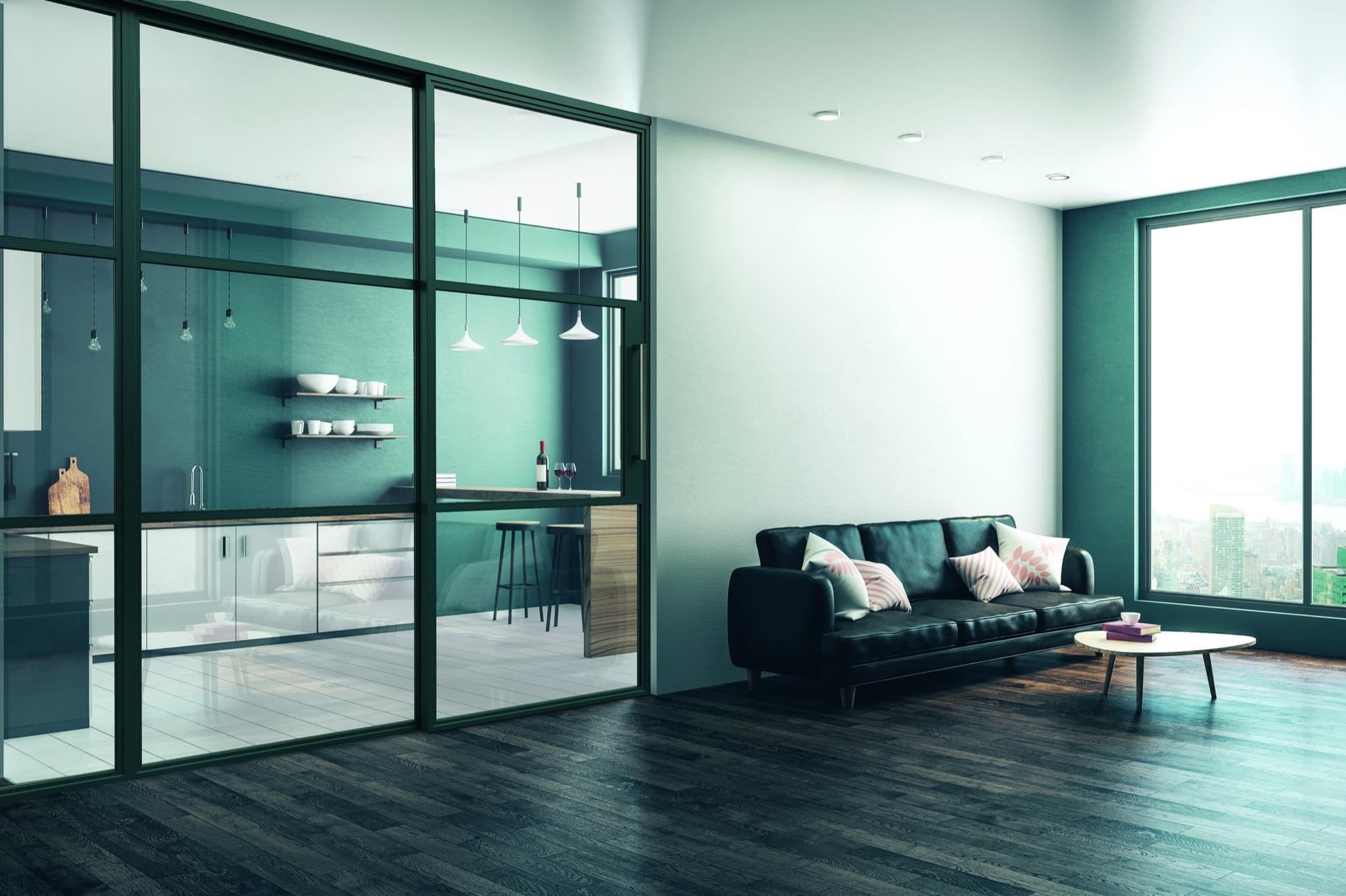A black-framed AluSpace glazed partition dividing a kitchen from an adjoining room
