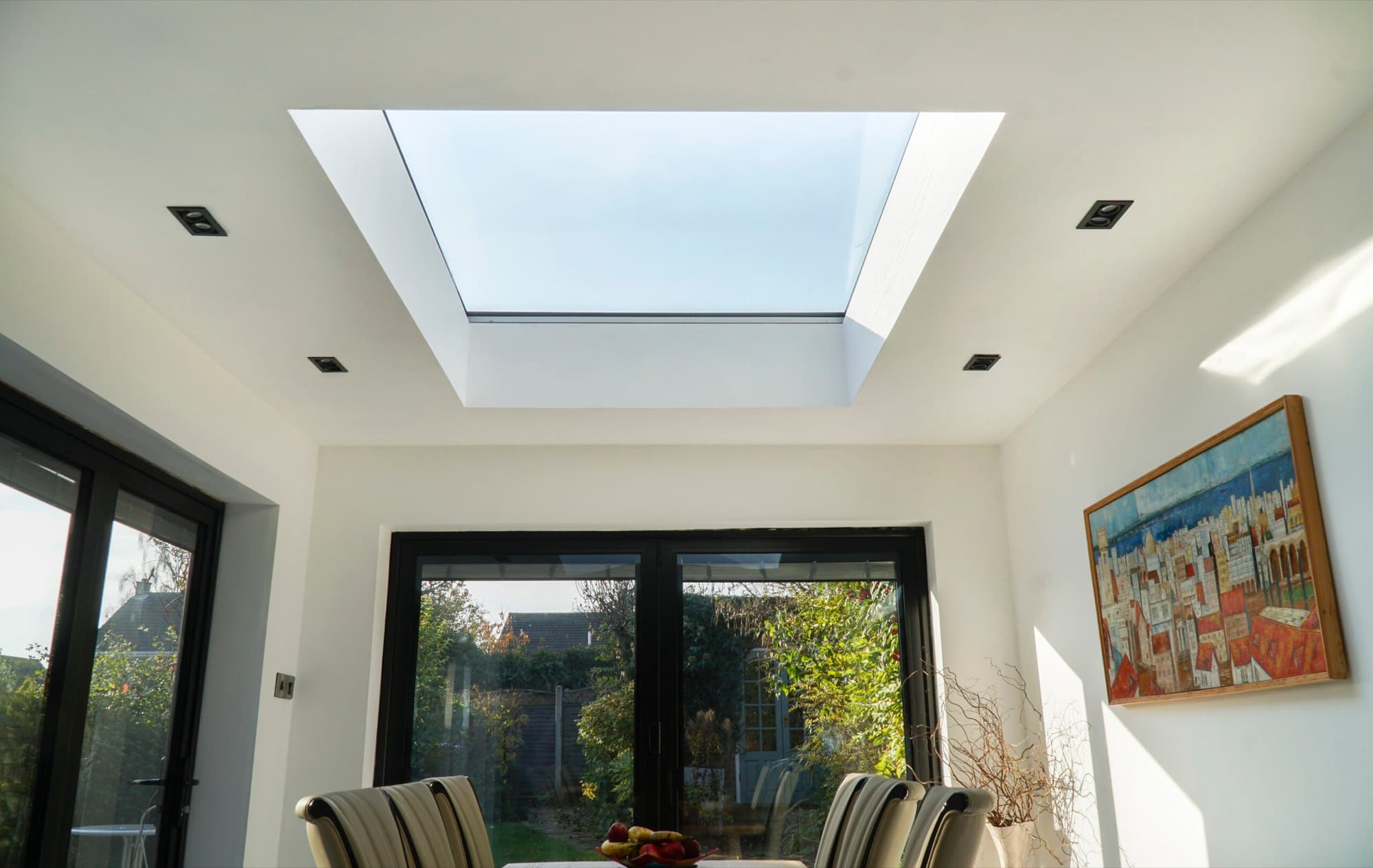 A flat rooflight over a dining area, fitted by Wilshaw Glazing