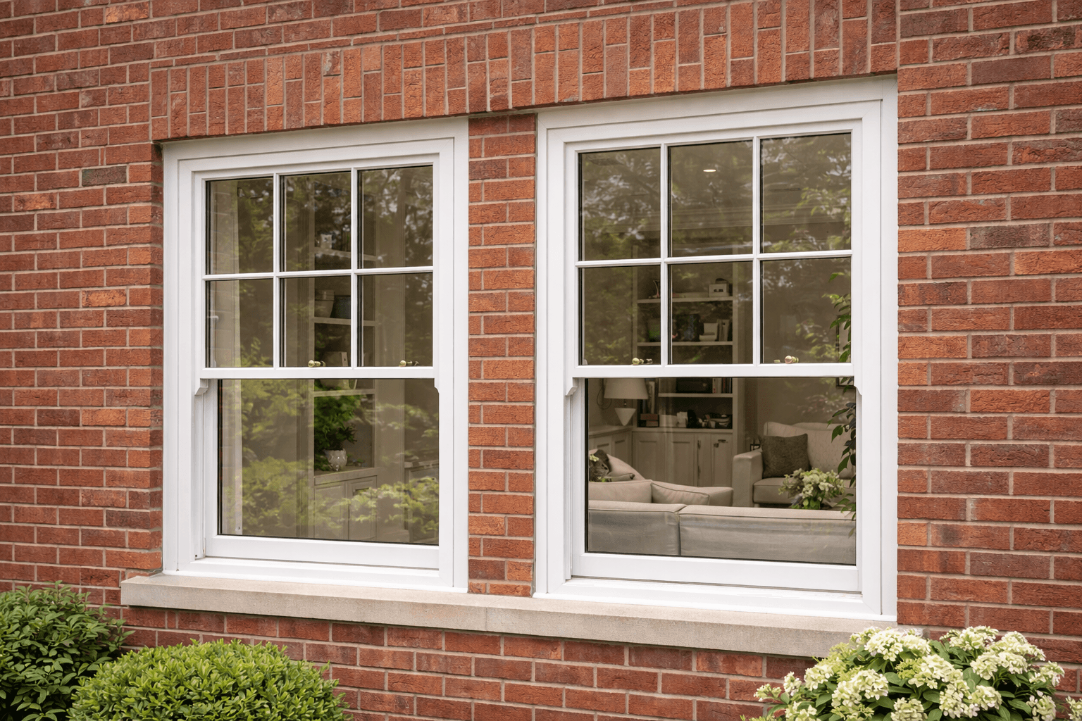 A pair of white Georgian-bar sash windows in a brick elevation